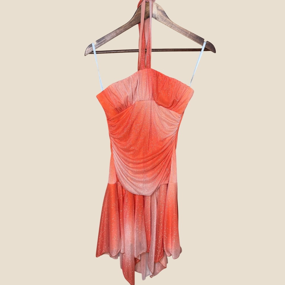 Y2K Fairy Taboo Orange Ombre Glitter Halter Mini Dress Handkerchief Hem Size M